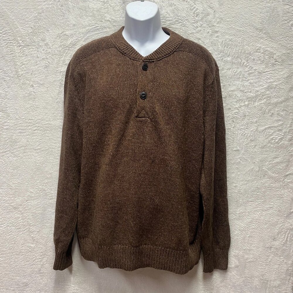 Eddie Bauer Henley Sweater Men XL Brown Fisherman Knit Cotton Classic Academia